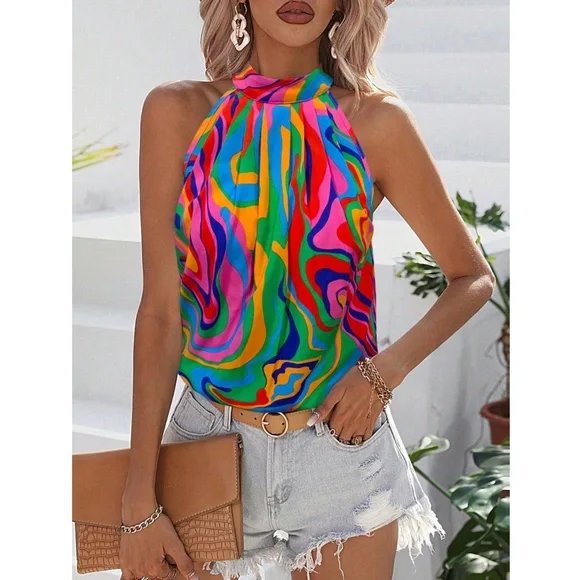 Bright Multicolor Abstract Print Halter Top - Picture 2 of 6